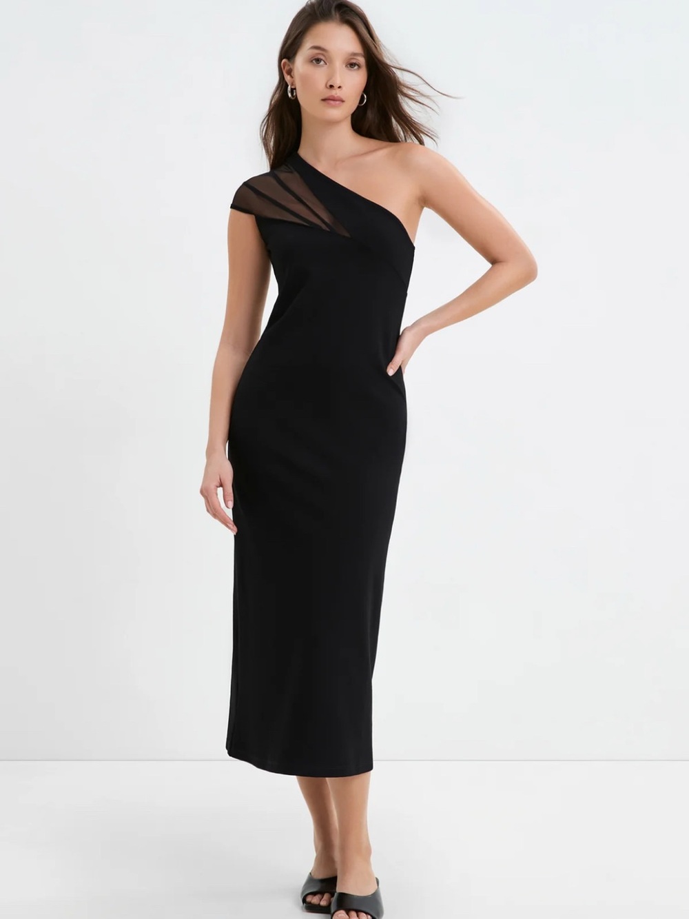 Marcella Kiran Sheer Accent One-Shoulder Black Midi Dress Size M NWT